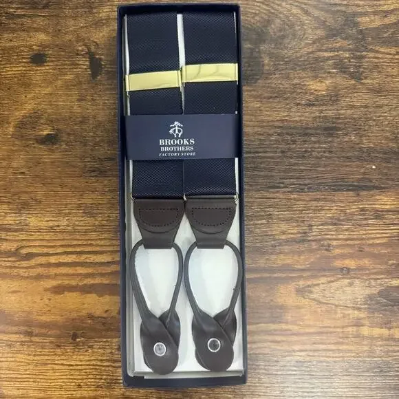 Brooks Brothers Men's Navy Strap on brown leathe Suspenders-One Size NEW